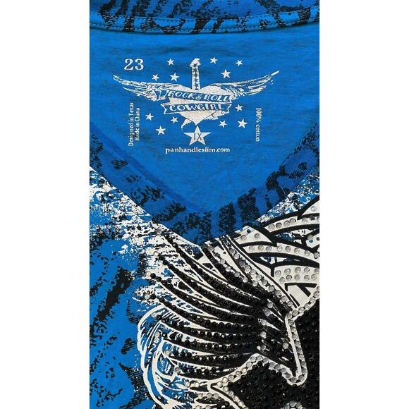 Rock & Roll Cowgirl BlackCross Blue Shirt Beads Graphic Wester 1X - Picture 5 of 12